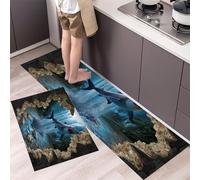 2 Pièces Tapis de Cuisine Grotte Au Sol 3D Antidérapant et Lavable, Chutes du Requin Ensemble Sol Tapis Devant evier pour Le Bureau de Décoration à la Maison 45x75cm+45x150cm Bleu
