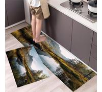 2 Pièces Tapis de Cuisine Lac Tranquille Antidérapant et Lavable en Machine Montagnes Nordiques Ensemble Sol Tapis Devant evier pour Le Bureau de Décoration à la Maison 43x75cm+43x120cm Brun