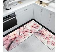 2 Pièces Tapis de Cuisine Lavable en Machine Le Fleurs De Rêve Rose Branches De Cerisier - Tapis Devant Evier Long Antidérapant et Lavable - Ensemble Universel pour Sol - Rose