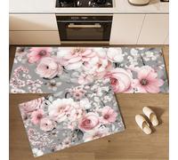 2 Pièces Tapis de Cuisine Lavable en Machine Le Plantes Et Fleurs Gris Rose, Pivoine, Marguerite - Tapis Devant Evier Long Antidérapant et Lavable - Ensemble Universel pour Sol - Gris