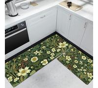 2 Pièces Tapis de Cuisine Lavable en Machine Le Plantes Rétro Vert foncé Marguerite, Tulipe, Lierre - Tapis Devant Evier Long Antidérapant et Lavable - Ensemble Universel pour Sol - Vert Foncé