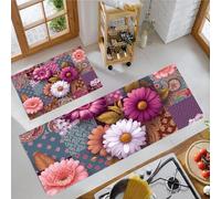 2 Pièces Tapis de Cuisine Lavable en Machine Le Style Patchwork Floral Violet Motif Cachemire Marguerite - Tapis Devant Evier Long Antidérapant et Lavable - Ensemble Universel pour Sol - Violet