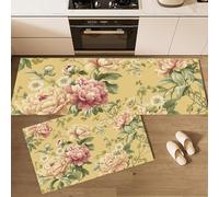 2 Pièces Tapis de Cuisine Lavable en Machine Le Style Rétro Peint À La Main Jaune Clair Pivoine Et Marguerite - Tapis Devant Evier Long Antidérapant et Lavable - Ensemble Universel- Jaune Clair