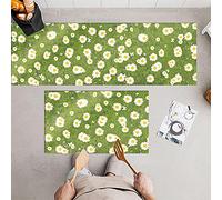 2 Pièces Tapis de Cuisine Lavable en Machine Marguerite Verte Tapis Cuisine Devant Evier Long Antidérapant et Lavable Tapis de Sol Cuisine et Lavable Moderne Salon Couloir（50X80+50X160Cm）