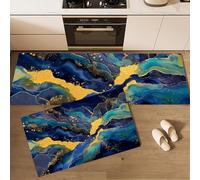 2 Pièces Tapis de Cuisine Peinture Abstraite Antidérapant et Lavable, Texture De Marbre Ensemble Sol Tapis Devant evier pour Le Bureau de Décoration à la Maison 43x75cm+43x150cm Bleu Royal