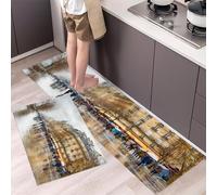 2 Pièces Tapis de Cuisine Peinture l'huile Jour Pluie Antidérapant et Lavable en Machine Rues La Ville Ensemble Sol Tapis Devant evier pour Le Bureau de Décoration à la Maison 40x60cm+40x120cm Brun