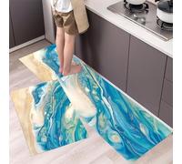 2 Pièces Tapis de Cuisine Plage Abstraite Antidérapant et Lavable en Machine Vue sur L'Océan Sol Tapis Devant evier pour Le Bureau de Décoration à la Maison 45x75cm+45x150cm Bleu Clair
