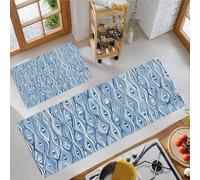 2 Pièces Tapis de Cuisine Style Rétro Antidérapant et Lavable, Lignes Ondulées Ensemble Sol Tapis Devant evier pour Le Bureau de Décoration à la Maison 45x75cm+45x150cm Bleu