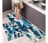 2 Pièces Tapis de Cuisine Vagues De L'Océan Antidérapant et Lavable en Machine Style Hokusai Ensemble Sol Tapis Devant evier pour Le Bureau de Décoration à la Maison 45x75cm+45x150cm Bleu Foncé