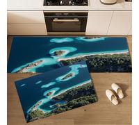 2 Pièces Tapis de Cuisine Zones Côtières Antidérapant et Lavable, Vue Aérienne De L'Île Ensemble Sol Tapis Devant evier pour Le Bureau de Décoration à la Maison 43x75cm+43x150cm Bleu Vert