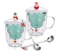 2 Pièces Tasse de Noel, 300 ml Mug Noel avec 2 Cuillères et Couvercle Verre de Noel avec Poignée Verre Double Paroi de Noel avec Bonhomme et Père Noël pour Cappuccino, Latte Macchiato, Thé, Lait