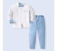 2 pièces Tenue de garçon élégant - Chemise à manches longues bleu clair + Nœud papillon + Pantalon bleu clair, costume formel élégant pour anniversaire, mariage, récital, cérémonie de remise des diplô