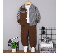 2 pièces Tenue de jeune garçon casual pour l'extérieur, cadeau à la mode, confortable, douce et mignonne. Top à manches longues avec col polo et panneau contrastant bicolore rayé, et pantalon cargo un