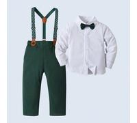 2 pièces Tenue de jeune garçon de gentleman, chemise à manches longues avec nœud papillon et pantalon à bretelles, mode pour anniversaire, fête de Noël, mariage, baptême, 1er anniversaire 6Y,7Y,4Y,5Y,