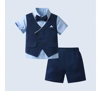 2 pièces Tenue de jeune garçon gentleman - Chemise à manches courtes avec nœud papillon et short bleu marine, mode et élégante pour anniversaire, 1er anniversaire, mariage, banquet 6Y,7Y,4Y,5Y,6-9M,9-