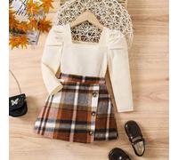 2 pièces Tenue de Noël pour jeune fille - Top rouge à col ras-du-cou et manches gigot froissées pour filles et jupe asymétrique à carreaux rouges et blancs, ensemble polyvalent et à la mode pour Noël