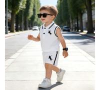 2 pièces Tenue de style gentleman pour tout-petits garçons, Top sans manches avec col blanc et shorts décoratifs à rayures noires, motif brodé, coupe ample, confortable, pour l'été 6-9M,9-12M,12-18M,1