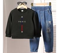 2 pièces Tenue décontractée et pour jeunes garçons : sweat-shirt col rond manches longues noir avec graphique Paris et croix, et jean en denim. Vêtements d'automne 6Y,7Y,4Y,5YGéométrique,Lettres,Rétro