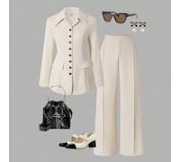 2 pièces Tenue pour adolescente : Veste blazer ajustée à col en V avec boutons contrastés, pantalon droit ample et élégant pour un usage professionnel et décontracté. Polyvalent pour un usage quotidie