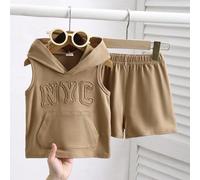 2 pièces Tenue tout-aller pour bébé garçon tout-petit printemps et été, comprenant un t-shirt sans manches à capuche avec lettrage "NYC" en relief et un short en tricot à taille élastique de couleur u