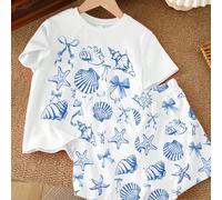 2 pièces Top à manches courtes et short pour jeune fille avec imprimé créature marine, coquillage et nœud. Ensemble décontracté adapté pour l'été, les vacances, les vibrations estivales, les fleurs an