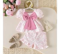 2 pièces Top babydoll à manches courtes bouffantes pour filles et bébés filles, style vintage "Old Money", style estival, fleurs, romantique enchanté, décoration florale 3D, grand nœud rose, imprimé g
