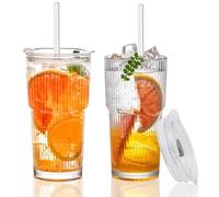 2 Pièces Verre à Eau avec Couvercle et Paille, 600 ml Gobelets à Smoothie en Verre, Verr-e Strié avec Design Étanche, Tasses à Café Glacé avec Paille, Verr-e Bubble Tea, pour Cola, Jus de Fruits