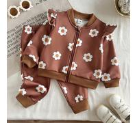 2 pièces Veste zippée et jogging pour fille en bas âge, mignon et doux, marron rouille, motif floral de marguerites, volants, manches longues, col côtelé, pour l'extérieur, le camping, l'automne, le j