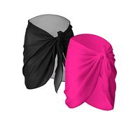 2 Pièces Wrap de Plage de Femmes Sarong Couverture de Bikini Jupes Wrap pour Maillot de Bain en Mousseline (Noir et Rouge Rose, Court)