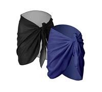 2 Pièces Wrap de Plage de Femmes Sarong Couverture de Bikini Jupes Wrap pour Maillot de Bain en Mousseline (Noir et Bleu, Court)