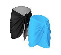 2 Pièces Wrap de Plage de Femmes Sarong Couverture de Bikini Jupes Wrap pour Maillot de Bain en Mousseline (Noir et Bleu Clair, Court)