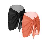 2 Pièces Wrap de Plage de Femmes Sarong Couverture de Bikini Jupes Wrap pour Maillot de Bain en Mousseline (Noir et Orange, Court)