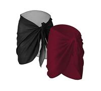 2 Pièces Wrap de Plage de Femmes Sarong Couverture de Bikini Jupes Wrap pour Maillot de Bain en Mousseline (Noir et Rouge Foncé, Court)