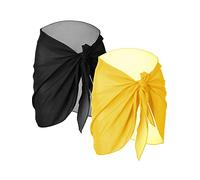 2 Pièces Wrap de Plage de Femmes Sarong Couverture de Bikini Jupes Wrap pour Maillot de Bain en Mousseline (Noir et Jaune, Court)