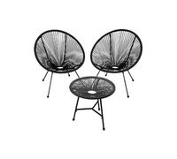2 Places ensemble mobilier extérieur noir fauteuils confortables style acapulco table plateau en verre cordage élastique montage facile
