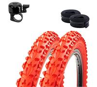 2 pneus de vélo Roverstone 26" Rouges 57-559 (26 x 2,125) + 2 chambres à air DV avec sonnette de vélo
