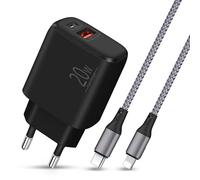 2-Port Chargeur Rapide USB C/A 20W + Câble Lightning 2M Nylon | Pour iPhone 14/13/12/11/Pro/Max/SE/XR/XS/X/8, iPad avec Port Lightnings, Prise Adaptateur Secteur Apples PD et QC 3.0
