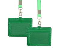 2 porte-badge double face en cuir synthétique de 10,4 x 8,4 cm avec cordon tour de cou - Porte-badge horizontal en cuir véritable pour l'école, le bureau (Green)
