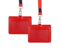 2 porte-badge double face en cuir synthétique de 10,4 x 8,4 cm avec cordon tour de cou - Porte-badge horizontal en cuir véritable pour l'école, le bureau (Red)