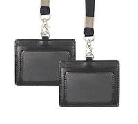2 porte-badge double face en cuir synthétique de 10,4 x 8,4 cm avec cordon tour de cou - Porte-badge horizontal en cuir véritable pour l'école, le bureau (Black)
