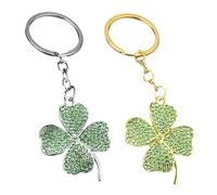 2 porte-clés en forme de trèfle à quatre feuilles, dorés et argentés, sertis de diamants et ornés d'une grande feuille verte pour voiture, sac à main ou porte-clés.