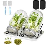 2 Pots Bocal De Germination, 2 x 750ml Germoir en Verre Bocal à Germes | Kit de Germination de Graines avec Couvercles en Acier Inoxydable 304, Support, Toile D'ombrage, Plateau et Brosse