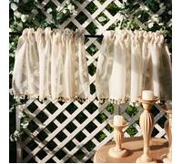 2 Rideau Brise Bise Court Voilage Tamisant ,Taille 100x100cm,Tissage Polyester Résistant avec Franges Décoratives Beige, Pour