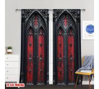 2 rideaux imprimés numériquement, motif arche sculptée de porte de cathédrale rouge gothique, décoration de fenêtre d'église médiévale sombre pour pièce de style gothique. 2606098806