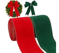 2 rouleaux de ruban filaire de Noël, 2,5 pouces x 10 mètres ruban de Noël en velours rouge vert avec bord doré ruban de Noël vintage pour Noël bricolage artisanat maison guirlande