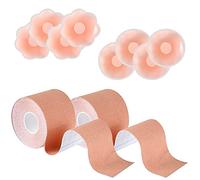 2 Rouleaux Remonte Sein Adhesif 5m avec 8 Cache Tétons Soutien Gorge Adhesif Invisible Bande Adhesive Poitrine Push Up Body Tape Forte Poitrine Bra Sein sans Bretelles Femme -Grande Sein -Couleur Nude
