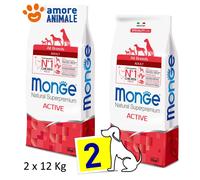 2 SACS Monge Superpremium Toutes Races Adulte Active au Poulet 12 kg pour Chiens