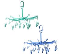 2 séchoirs, Porte-chaussettes à suspendre à 16 clips, porte-sous-vêtements pliable, séchoir portable coupe-vent, rotation à 360 °, convient aux sous-vêtements, chaussettes, serviettes (bleu, vert)