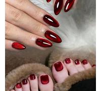 2 Sets/48pcs Autocollants pour ongles œil de chat en cristal rouge sang esthétique Y2K, convenant pour les mains et les pieds, ongles en acrylique faux œil de chat en forme d'amande, comprend 2 colles