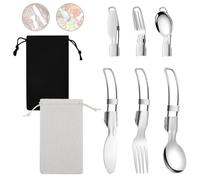 2 Sets Menagere De Couverts Pliables, 304 Acier Inoxydable, Fourchettes De Table, Couteau De Table, Cuillère De Table, Équipé D'Un Sac En Toile De Jute Noir Et D'Un Sac En Toile De Jute Blanc